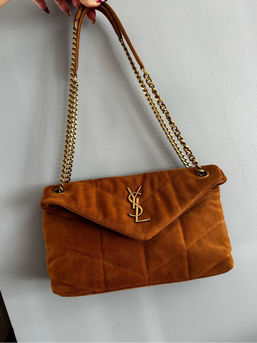 Quilted Suede Shoulder Bag in tan.